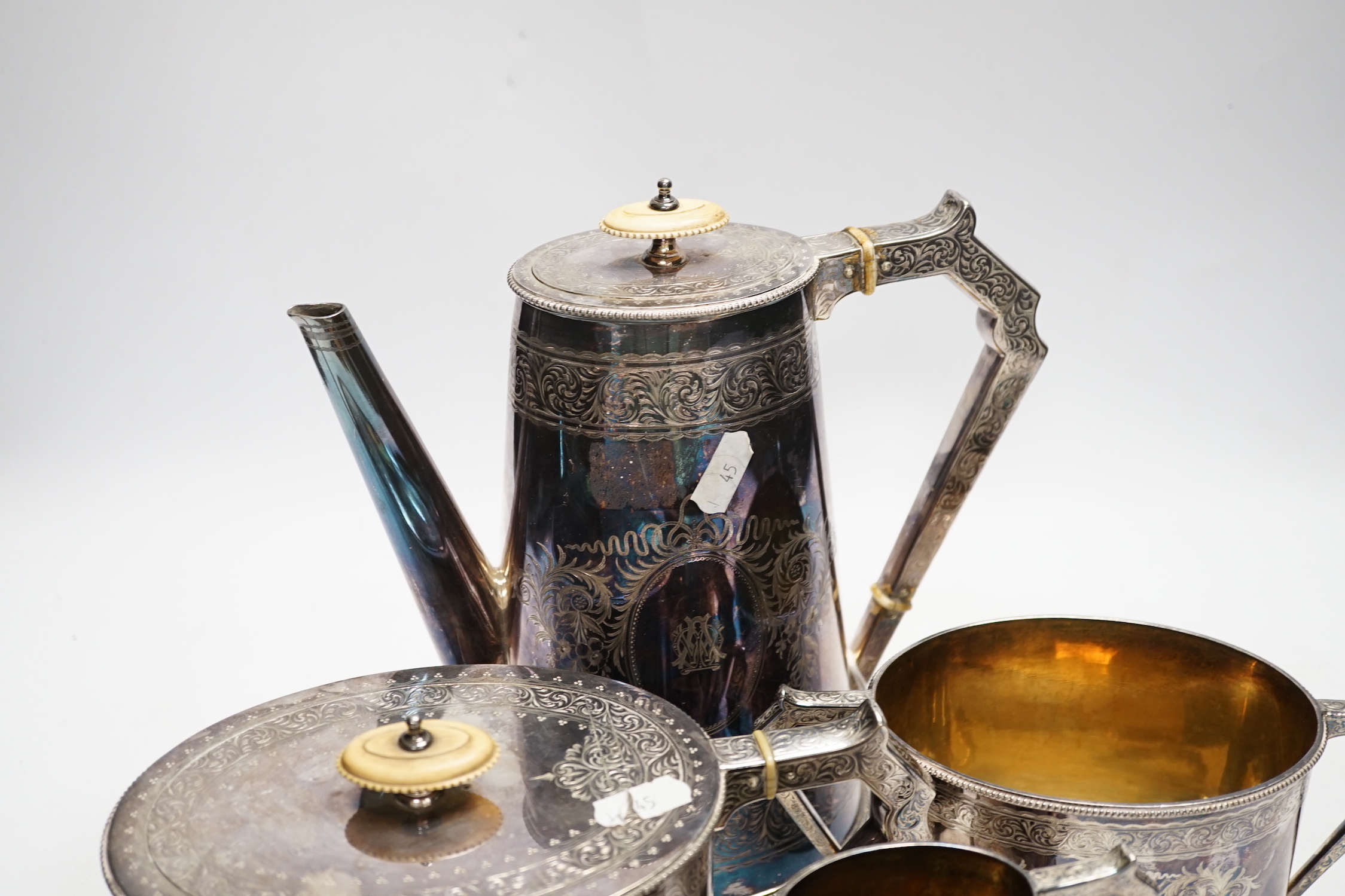 A late Victorian Elkington & Co silver plated four piece oval tea and coffee service, Elkington date letter for 1882, coffee pot 23cm high CITES Submission reference YKVE6DDT